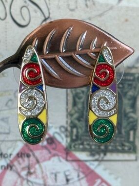 VINTAGE TARA Irish Celtic Style Enamel Rhinestone Earrings Pierced MCM